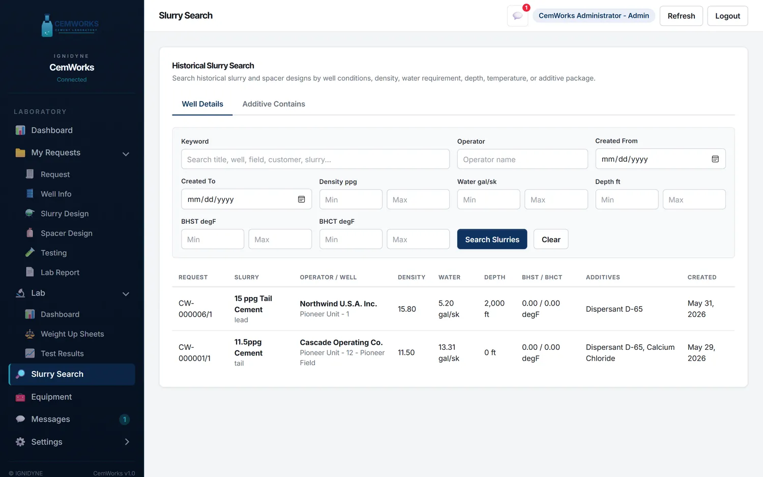 CemWorks historical slurry search results with operator, density, depth, and additive columns