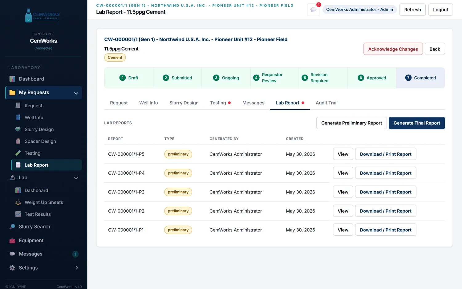 CemWorks preliminary and final lab reports list
