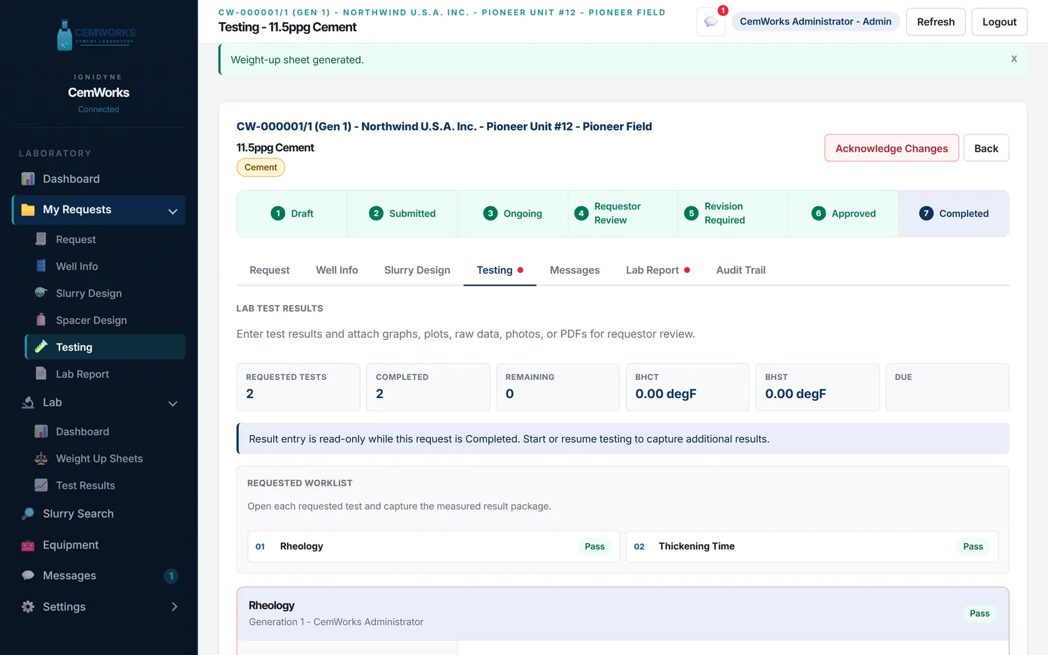 CemWorks lab testing with requestor specification beside technician result capture