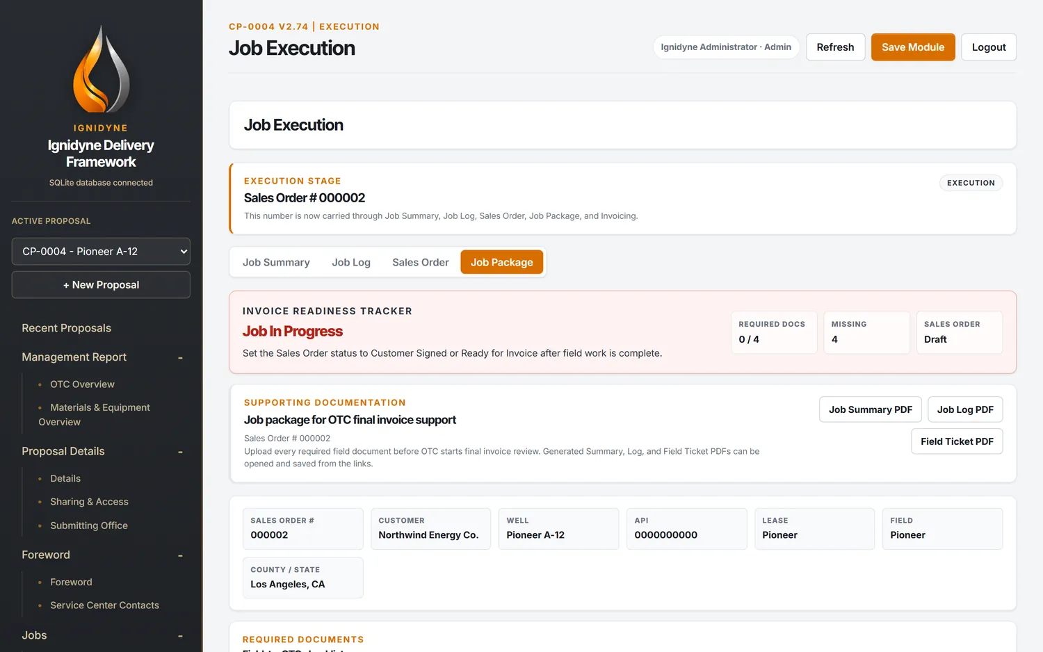 Job package invoice-readiness tracker showing required documents and status