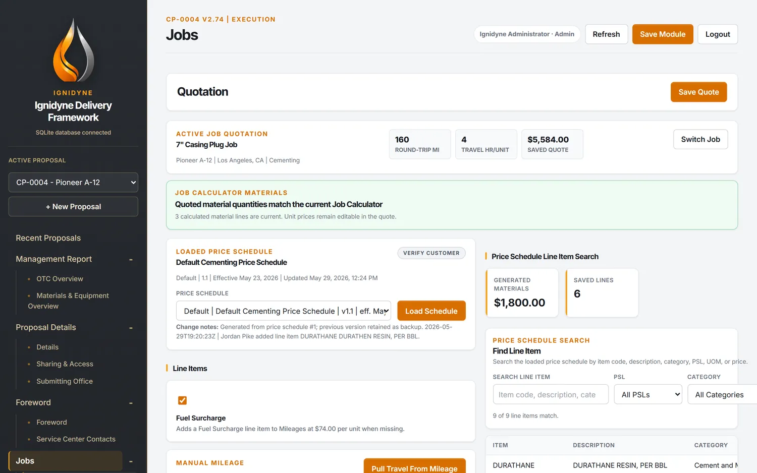 Quotation screen with price schedule, line items, and travel logic